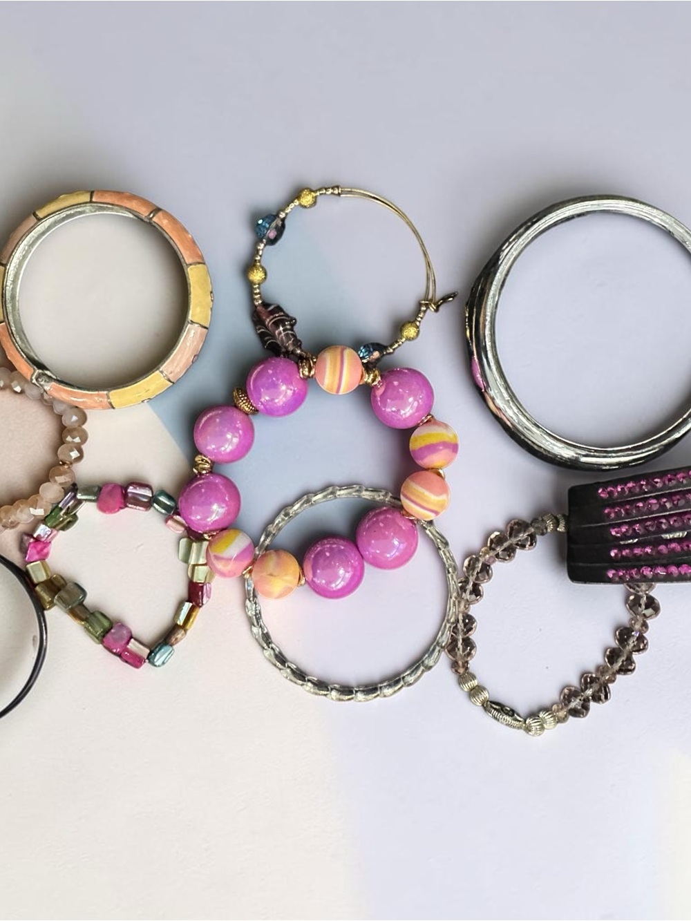 Boho Mixed Media Bracelet Stack • Pink Rhinestone Crystal Beaded Bangle Set - Picture 4 of 5